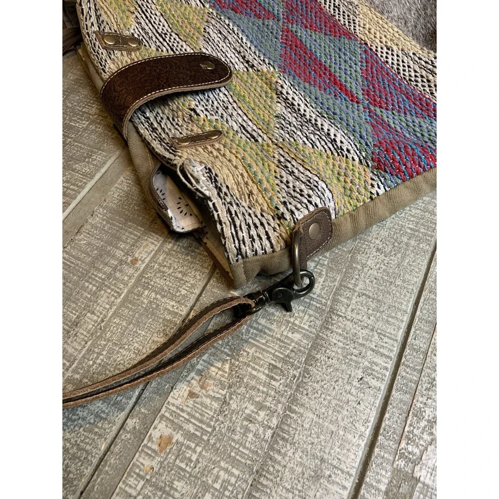 Myra Bag Angle Tangle Leather Cotton Canvas Shoulder Crossbody W/Pockets Purse